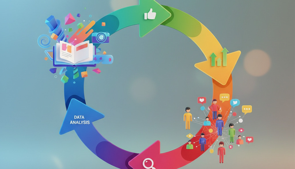 Circular infographic showing AI content creation workflow.
