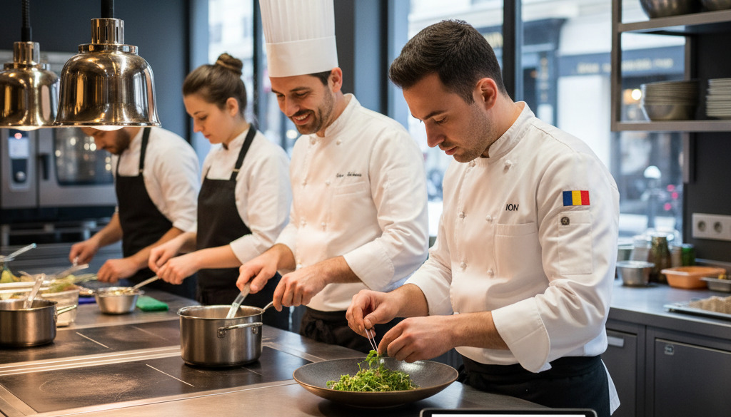 agence intérim roumanie restauration - Équipe de cuisine professionnelle avec chef roumain dans un restaurant français.