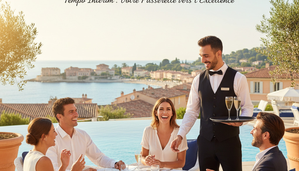 Serveur étranger souriant en terrasse d'un hôtel de luxe en France.