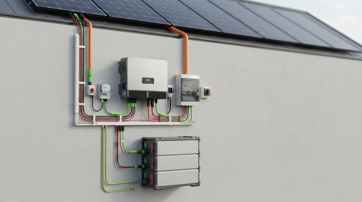 Technické schéma hybridního fotovoltaického systému s bateriovým úložištěm.
