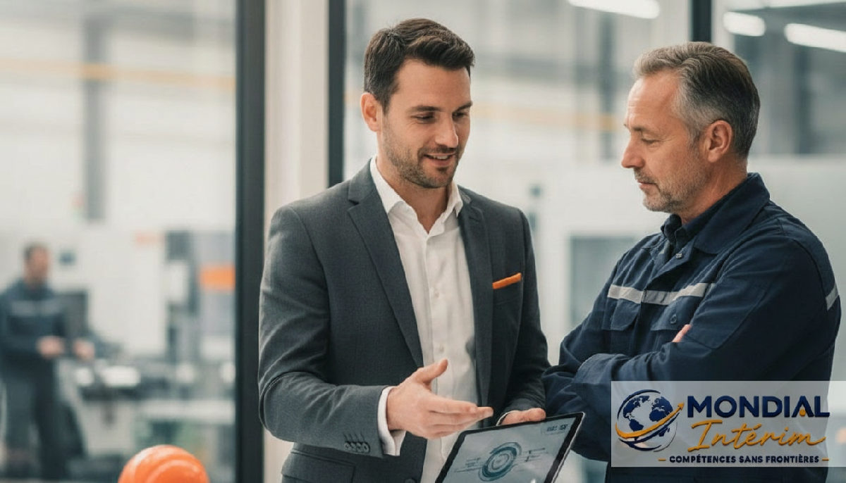 Conseiller en discussion avec un responsable de site industriel.