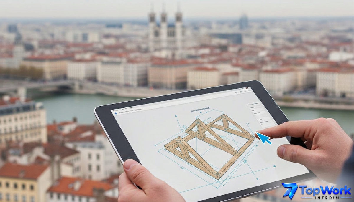 Planification d'un projet de charpente bois sur une tablette numérique avec en arrière-plan la ville de Lyon, symbolisant le recrutement moderne et digital.
