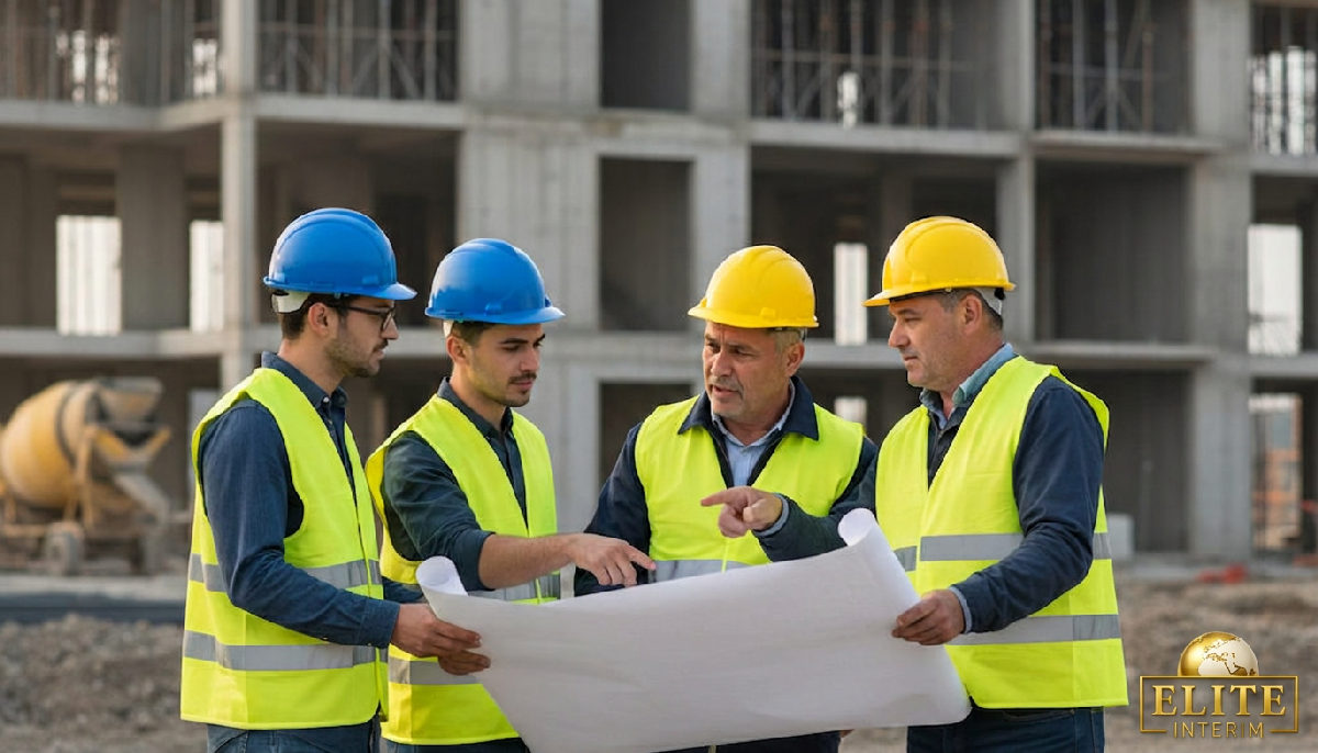 Réunion de chantier : ingénieurs français et chef d'équipe roumain discutant des plans.