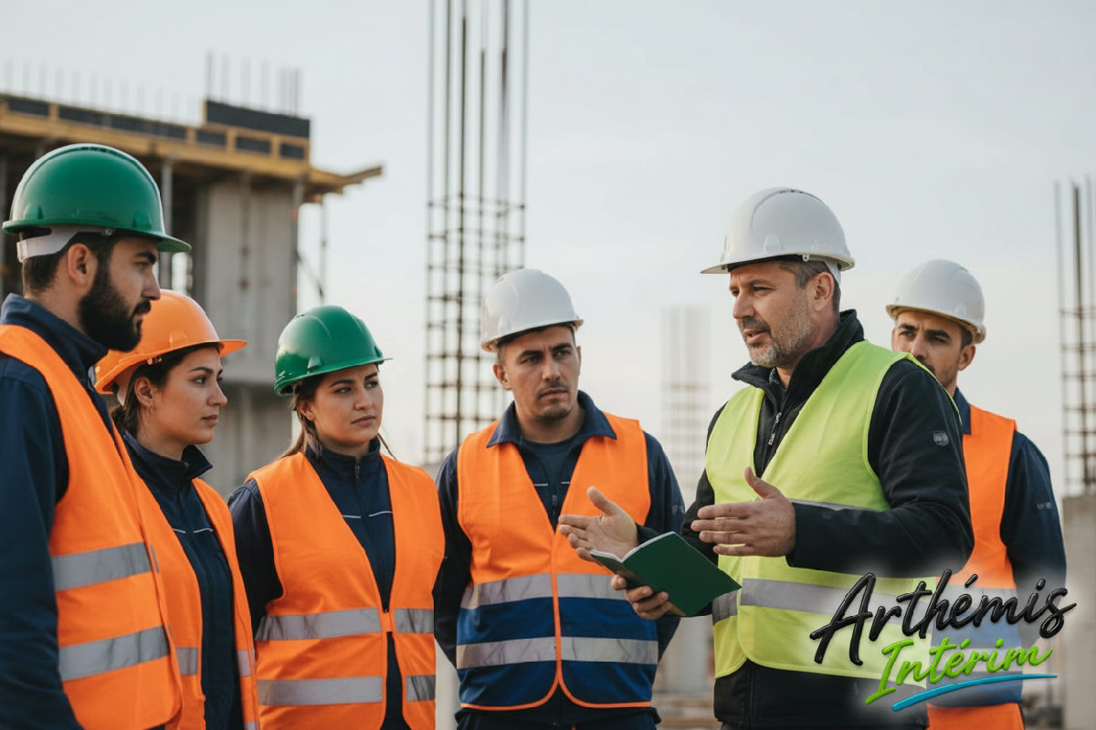 Chef de chantier français formant des ouvriers roumains à la sécurité.