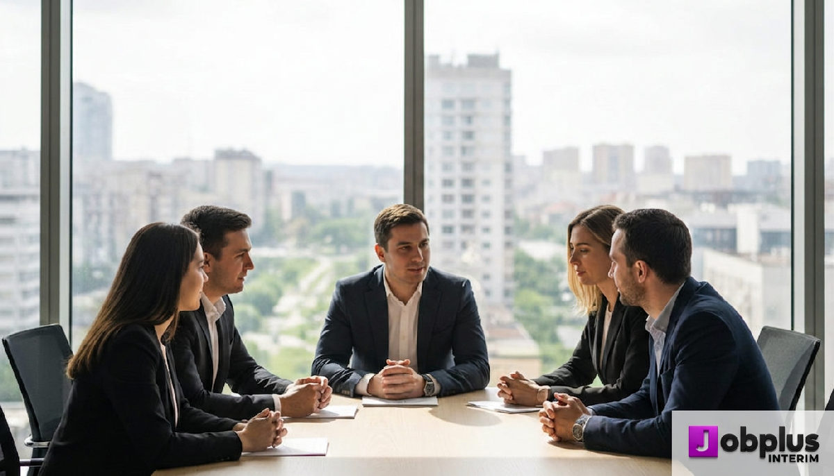 Un groupe de professionnels discute devant un immeuble de bureaux en Roumanie.