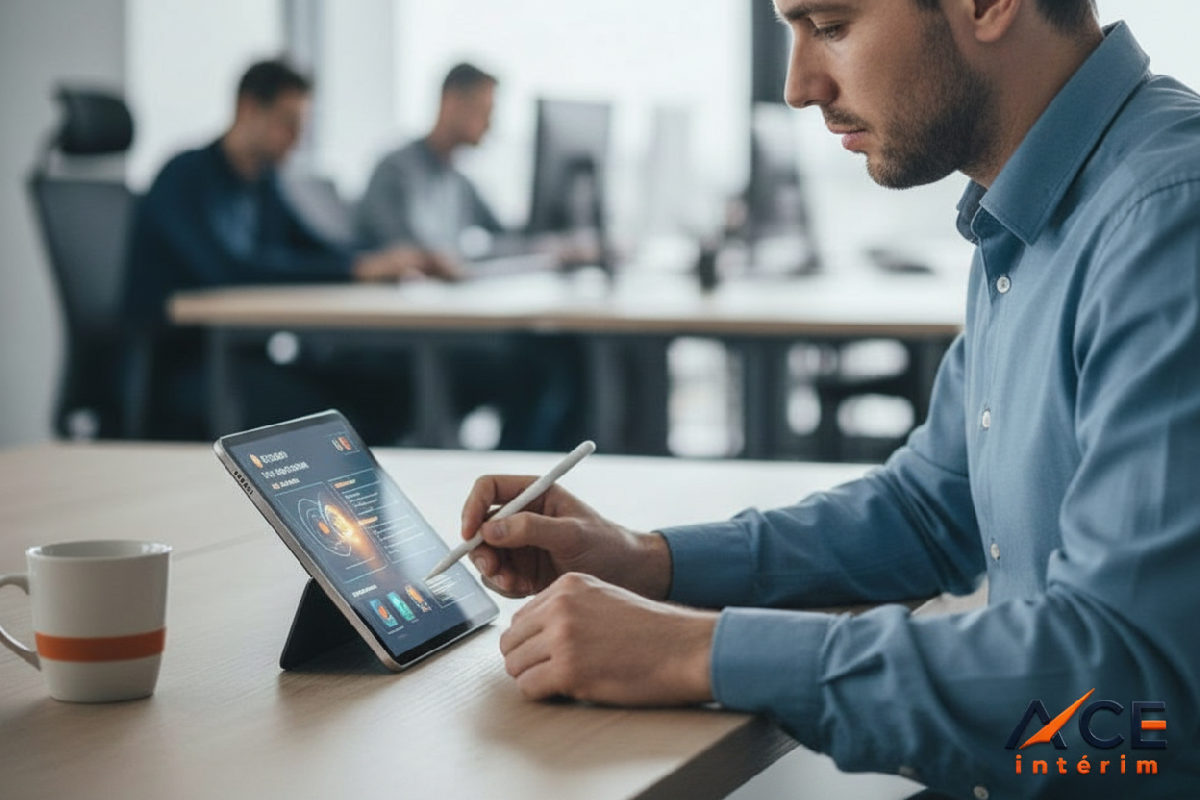 Candidat roumain passant un test technique sur tablette.