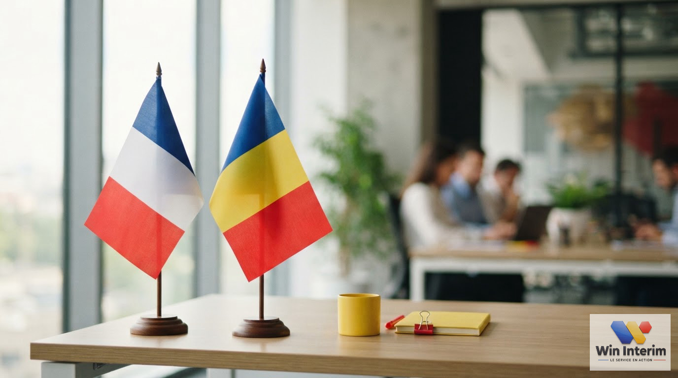 Logo Win Interim avec les drapeaux français et roumain.