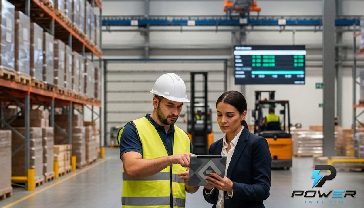Entrepôt logistique : opérateur roumain et manager examinant des documents.