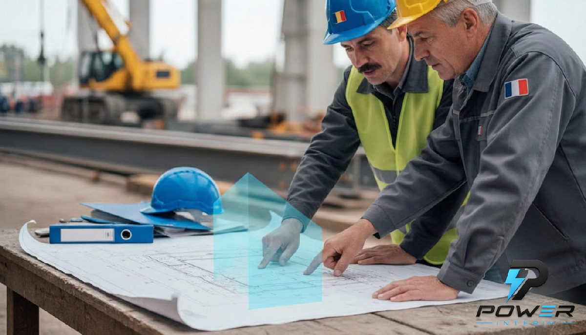 Chantier de construction : ingénieur roumain et superviseur français discutent un plan.