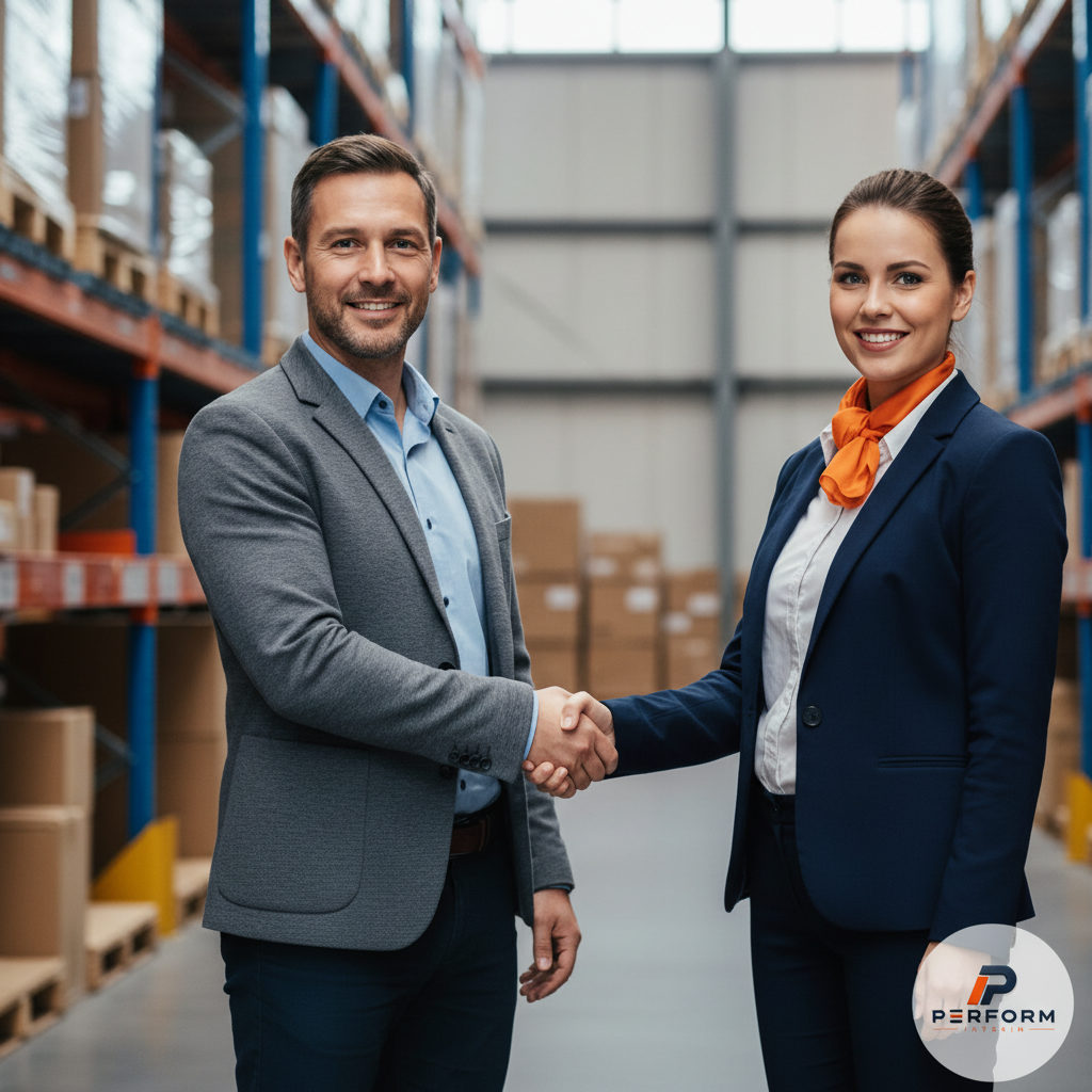 Responsable PME et consultant devant des rayonnages, symbolisant le partenariat.