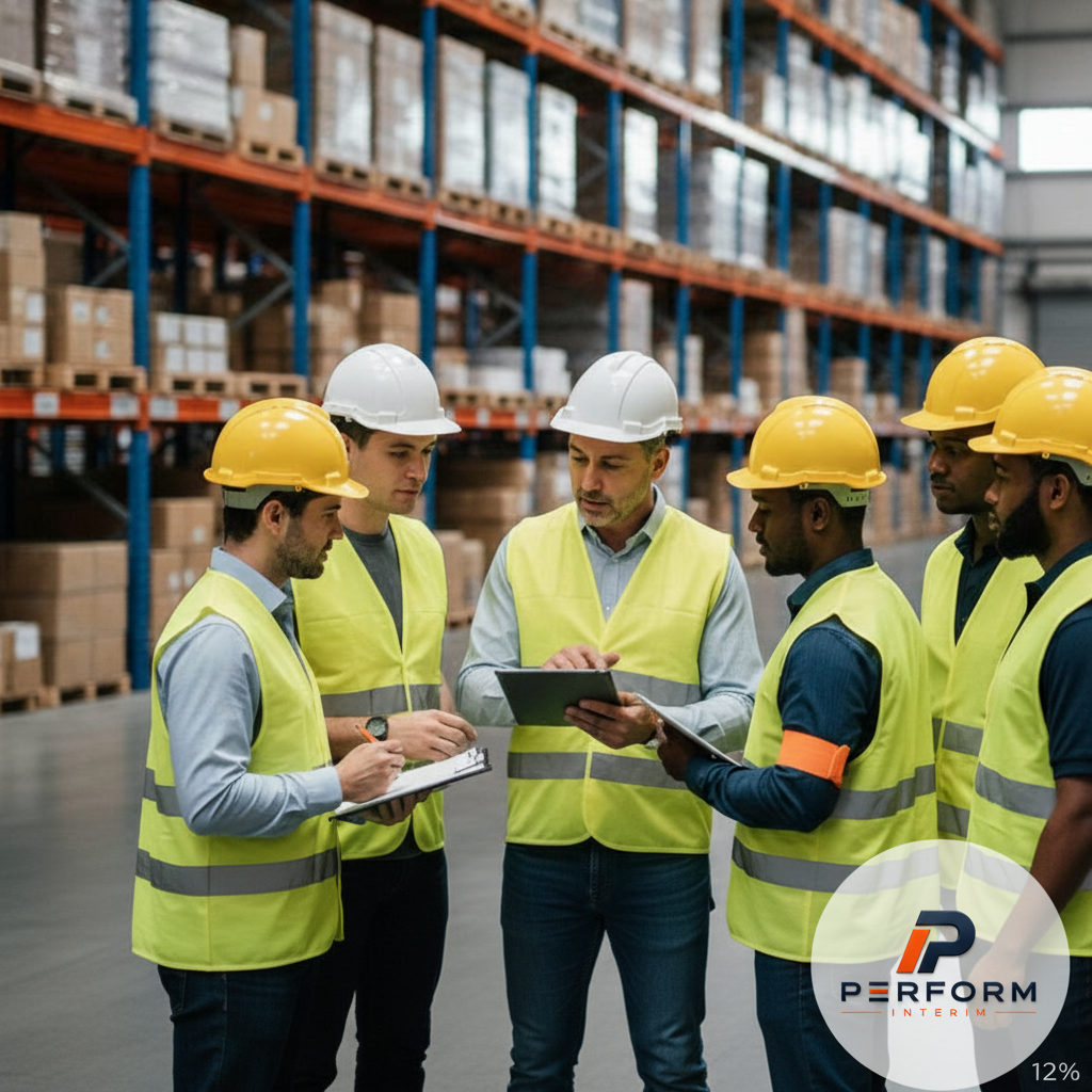 Intérimaires logistiques en briefing de sécurité matinal avec un chef d'équipe.