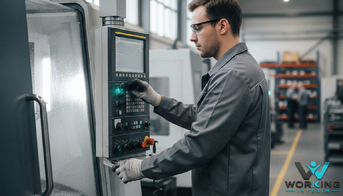 Technicien polonais utilisant une machine de précision en usine.