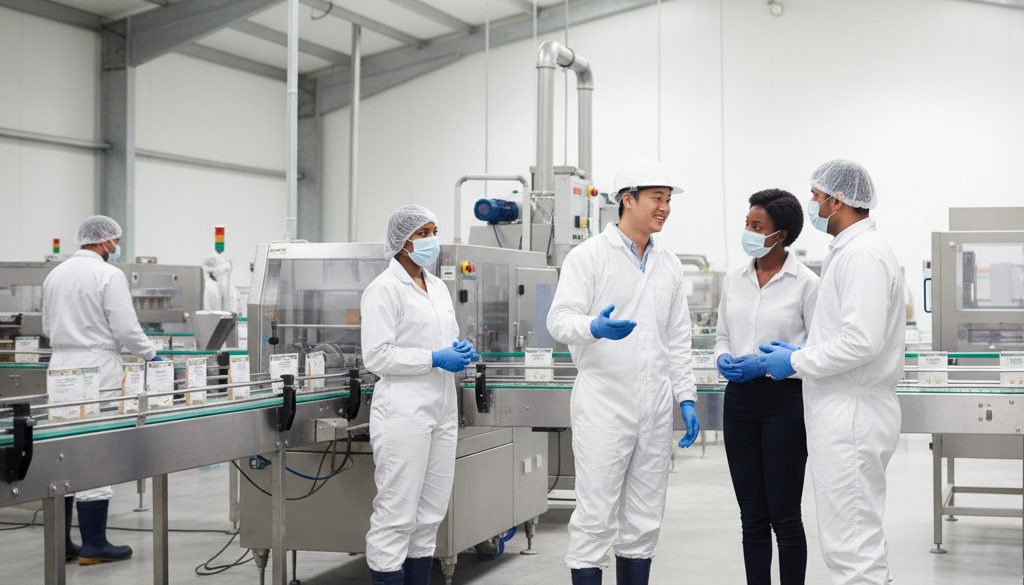 Ouvriers dans un entrepôt agroalimentaire moderne et propre.