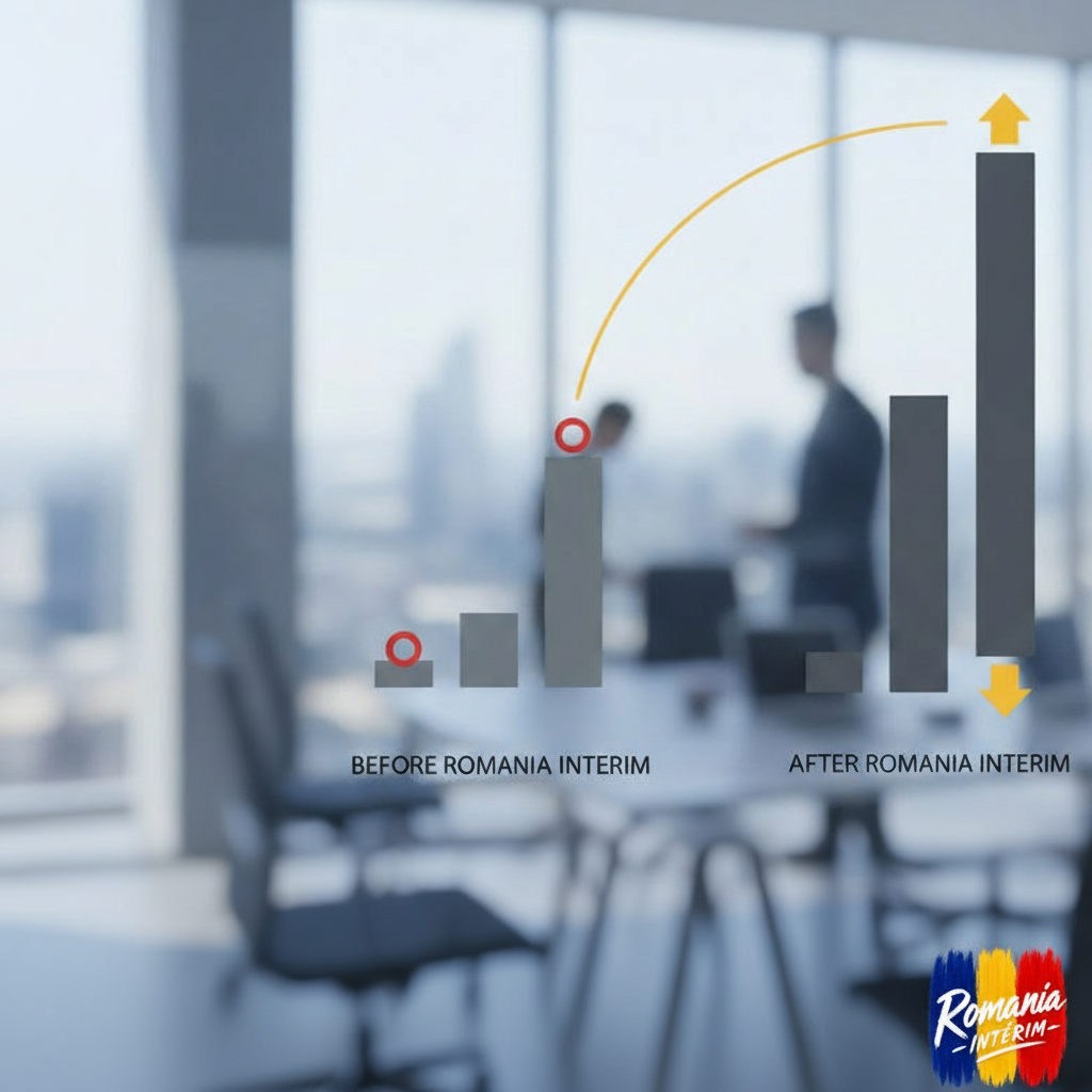 Graphique comparant productivité et coûts avant/après embauche d'intérimaires roumains.