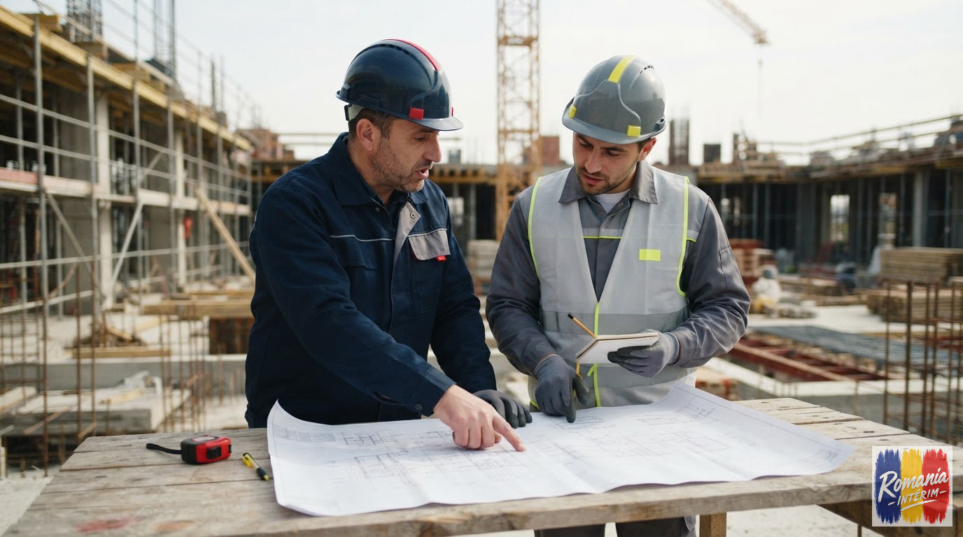 Un chef de chantier français collaborant avec un technicien roumain sur plan.