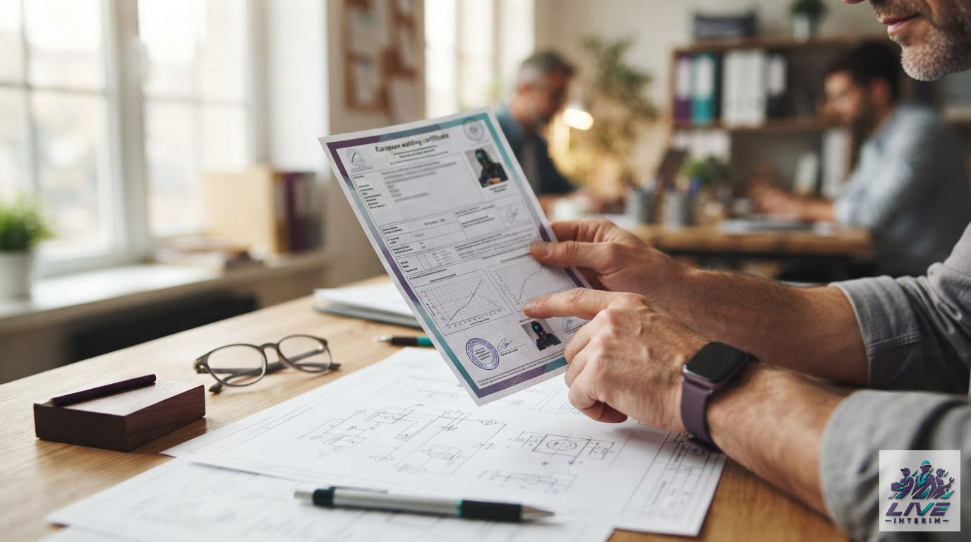 Mains examinant une certification européenne de soudage et des documents techniques.