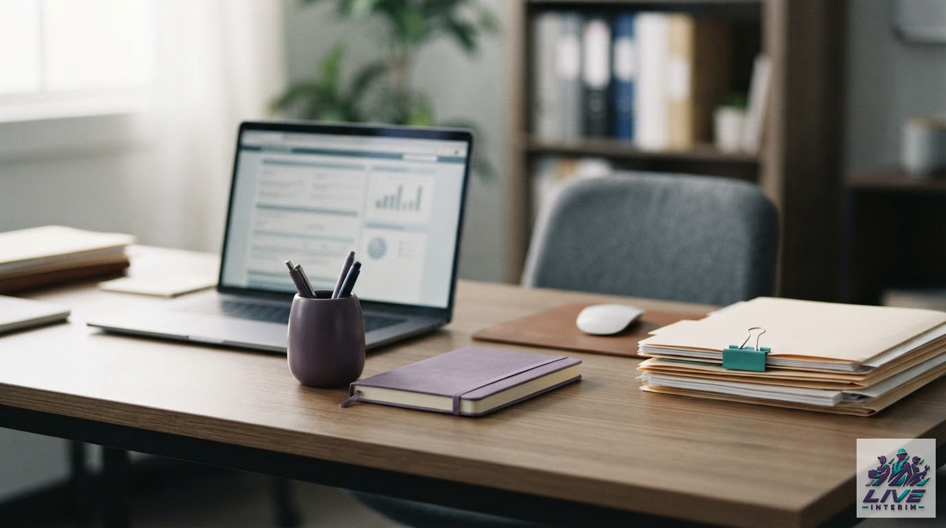 Bureau organisé avec des dossiers administratifs et des formulaires de conformité légale.