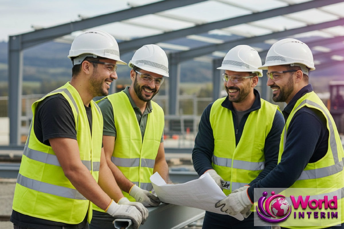 Travailleurs roumains souriants avec EPI sur un site industriel.