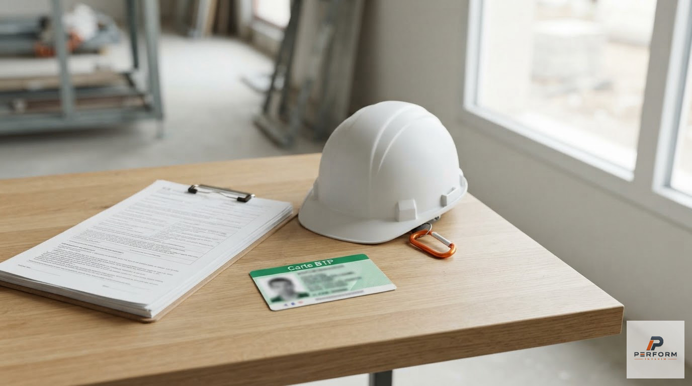 Documents de conformité, carte BTP et casque de chantier posés sur une table.