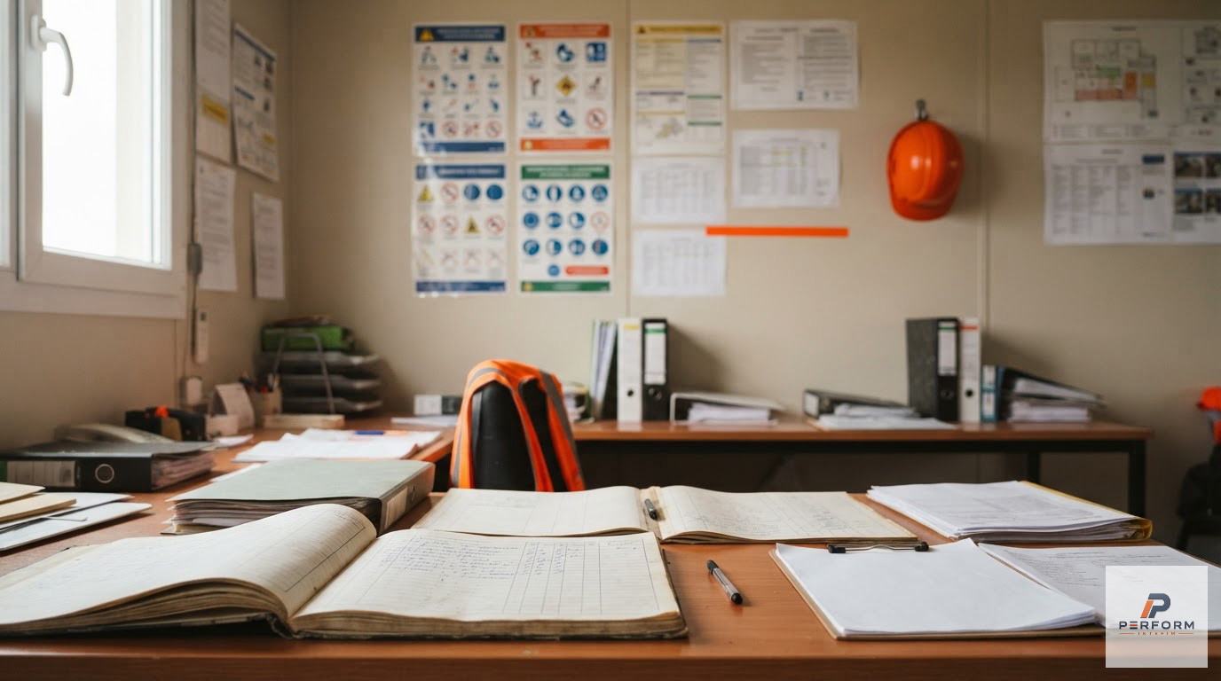 Un bureau de chantier avec registres de présence et affiches de sécurité obligatoires.