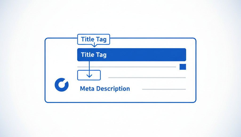Graphic showing highlighted Title Tag and Meta Description in search results.