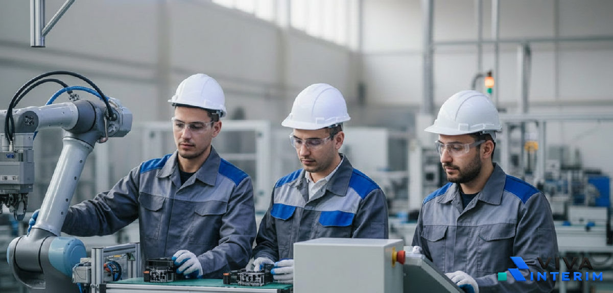 Ouvriers roumains qualifiés travaillant sur une ligne de production moderne.