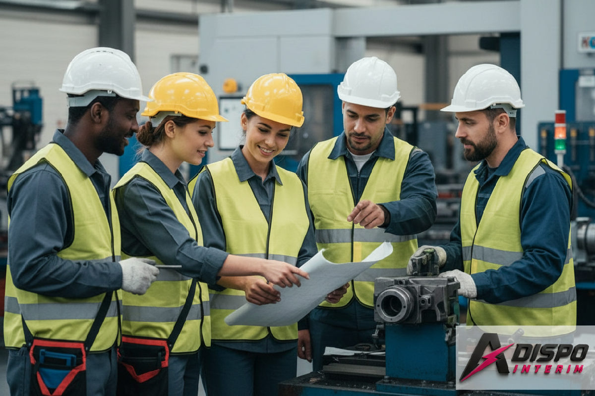 Équipe franco-roumaine travaillant ensemble dans un cadre industriel.