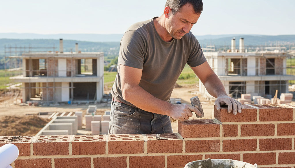 experts maçonnerie coffrage roumains – Maçon roumain expérimenté posant des briques sur un chantier résidentiel.