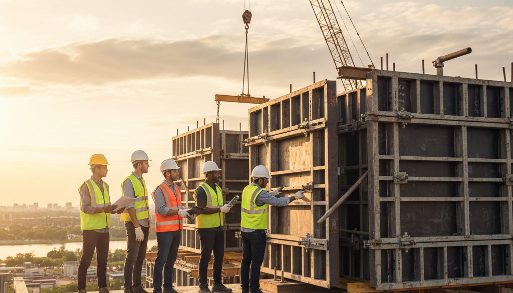 Équipe assemblant un système de coffrage modulaire pour un grand projet.