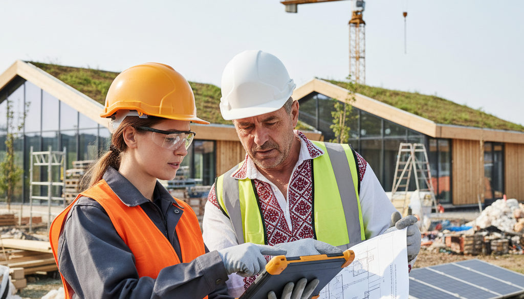 Directeur et maçon discutant des plans sur tablette sur un chantier écologique.