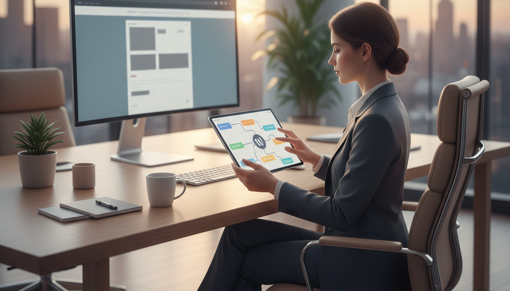 Marketer uses AI chatbot builder for WordPress on a tablet.