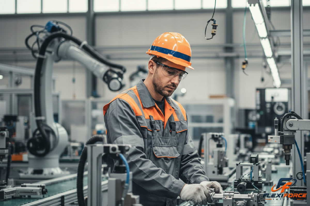 Ouvrier qualifié, sécurité et efficacité sur chaîne industrielle.