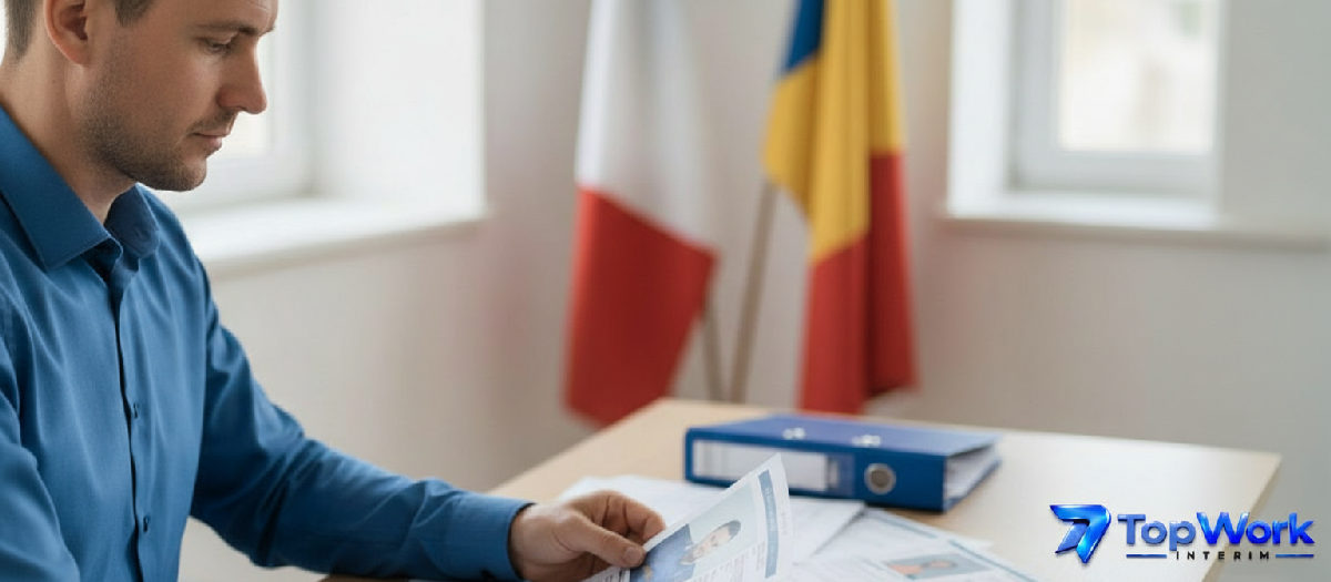 Consultant RH examinant des CV d'ouvriers roumains.