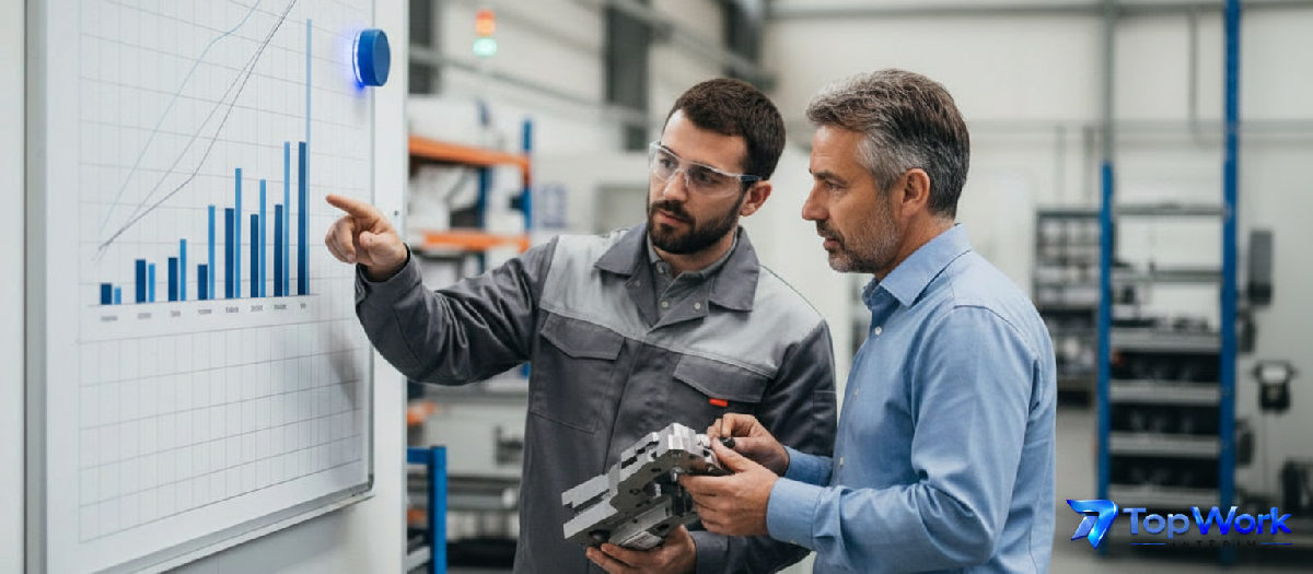 Manager français et ouvrier roumain discutant de performance en usine.