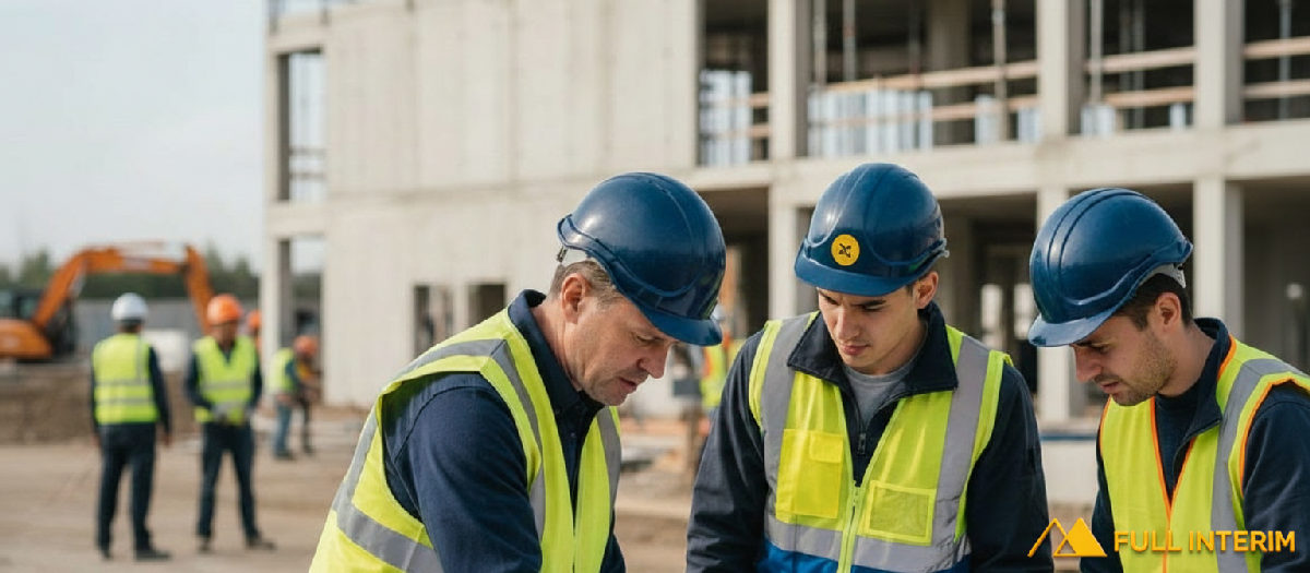 Superviseur vérifiant des plans avec un travailleur détaché sur un chantier.