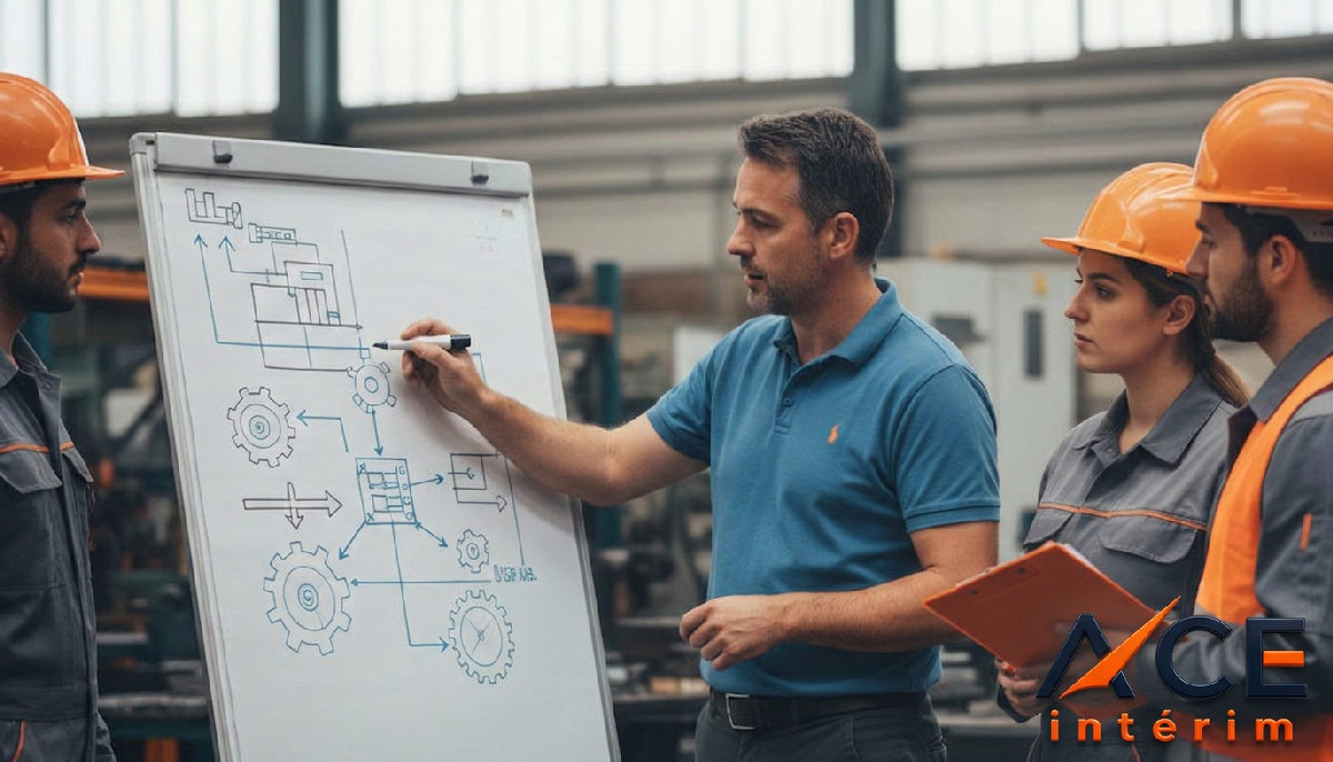 Manager expliquant des instructions techniques à des intérimaires roumains attentifs.