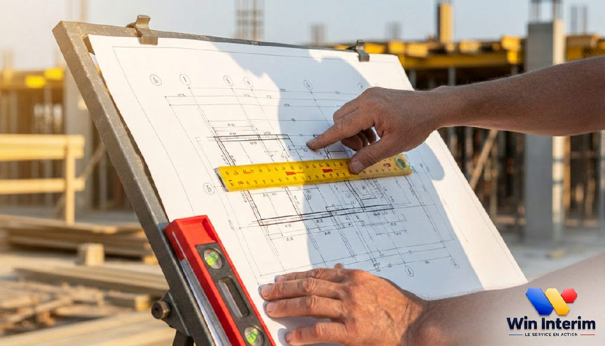 Mains d'un coffreur-boiseur tenant un plan technique sur chantier.