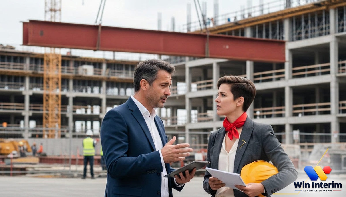 Responsable RH et coordinateur Win Intérim discutant devant un chantier.