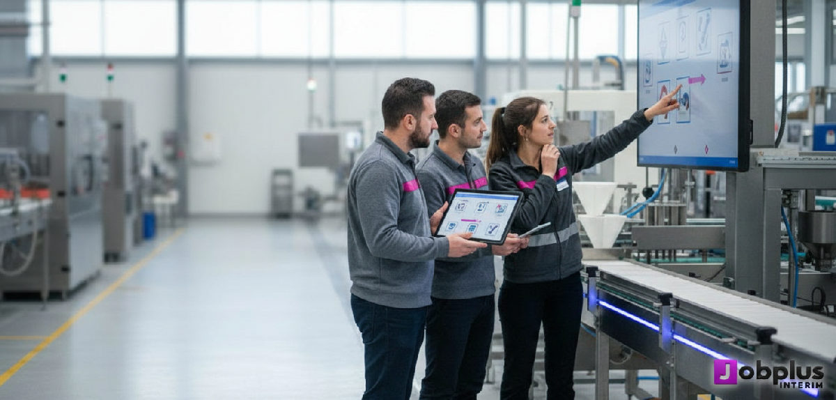 Ouvriers en usine utilisant des tablettes pour la communication.