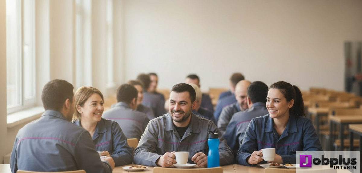 Ouvriers divers en pause dans une cafétéria moderne.