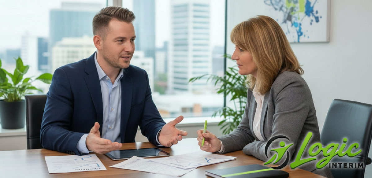 Manager et client examinant des documents dans un bureau.
