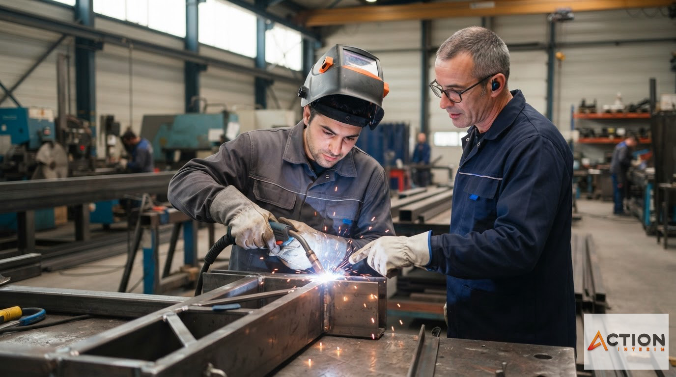 Un ouvrier roumain apprend le soudage sous supervision d'un formateur français.