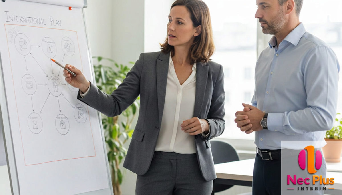 Réunion RH sur le recrutement international devant un tableau blanc.