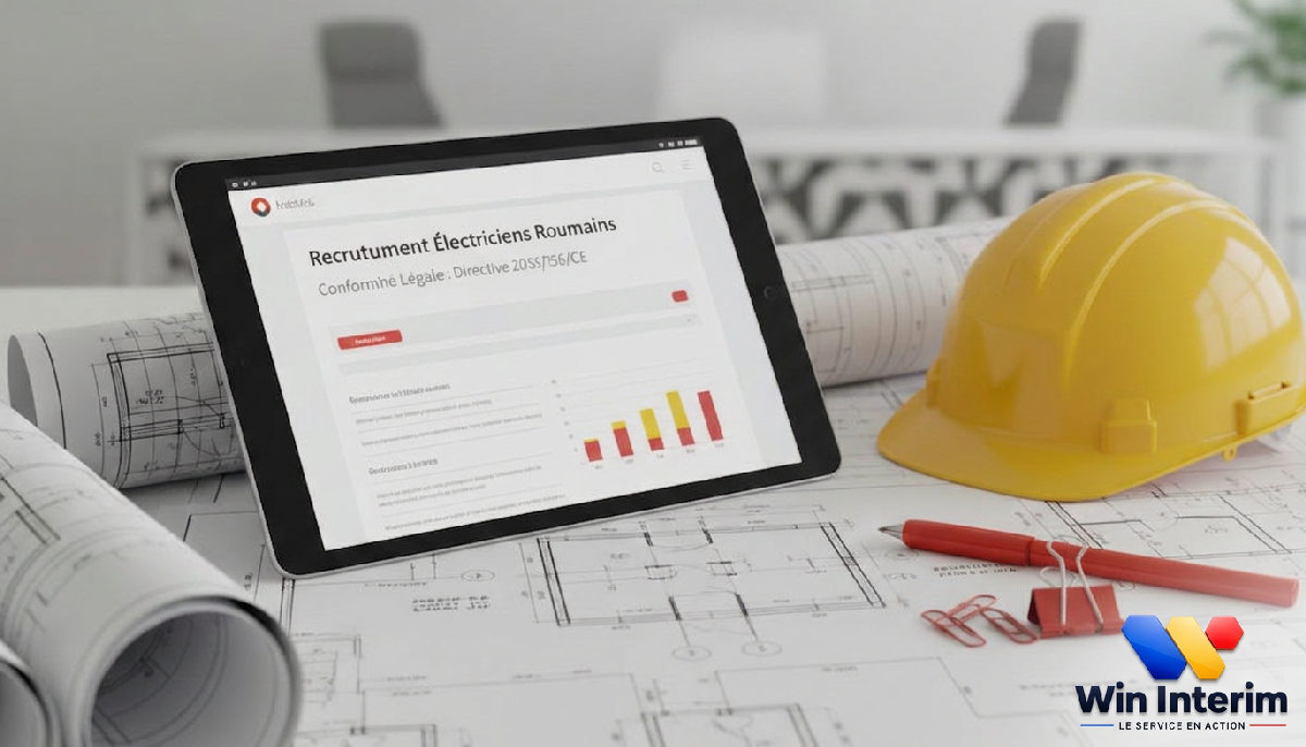 Plans électriques et tablette illustrant le cadre légal du recrutement.