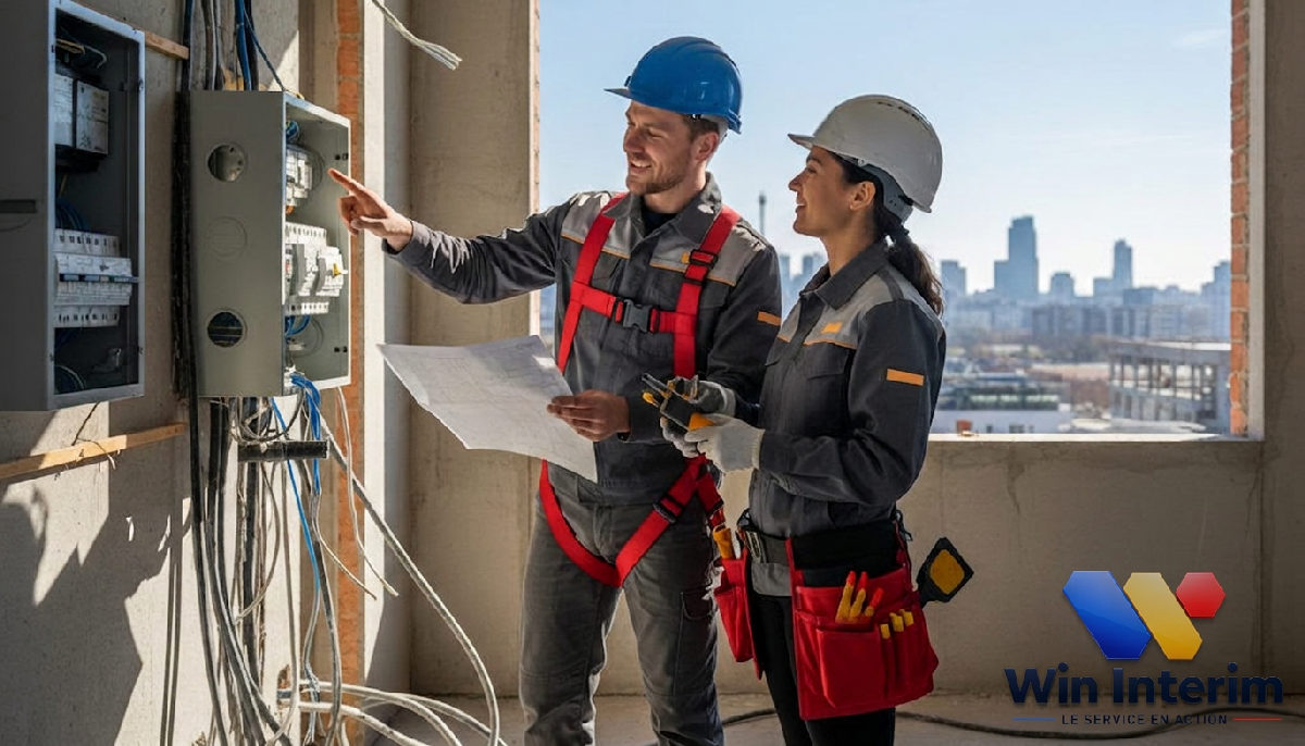 Électriciens français et roumains collaborant sur un chantier.