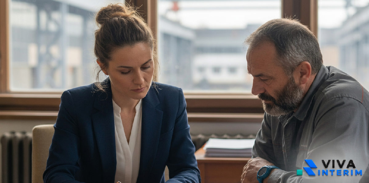 Consultant RH examinant un contrat avec un spécialiste industriel roumain.