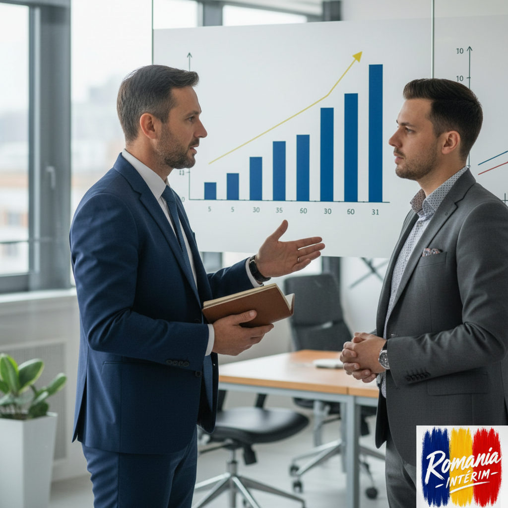 Manager français et consultant RH discutant des performances d'intérimaires roumains.