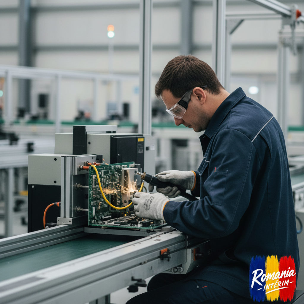 Ouvrier roumain qualifié travaillant avec précision sur une chaîne de montage.
