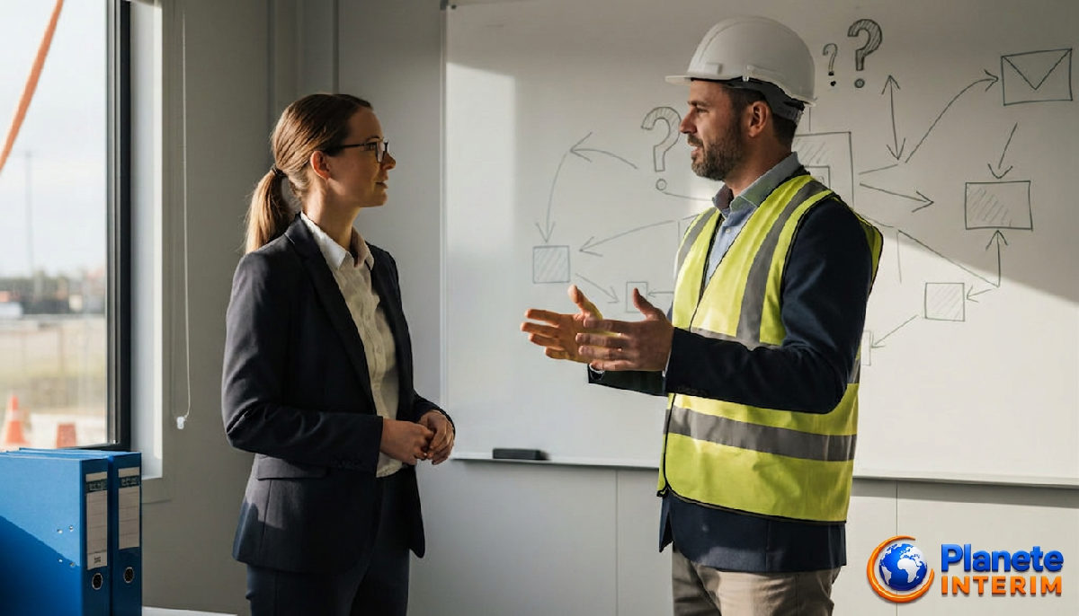 questions agence recrutement - Chef de chantier et consultant en recrutement échangeant devant un tableau.