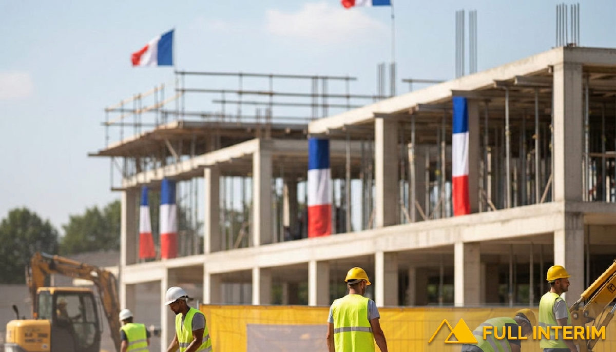 recrutement urgent intérim international fête nationale - Chantier français animé avec des ouvriers qualifiés sous le soleil d'été.
